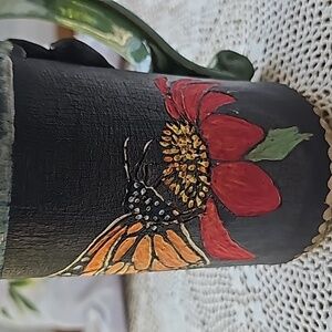 Handcrafted Pottery Mug. Signed  Butterfly and Flowers.